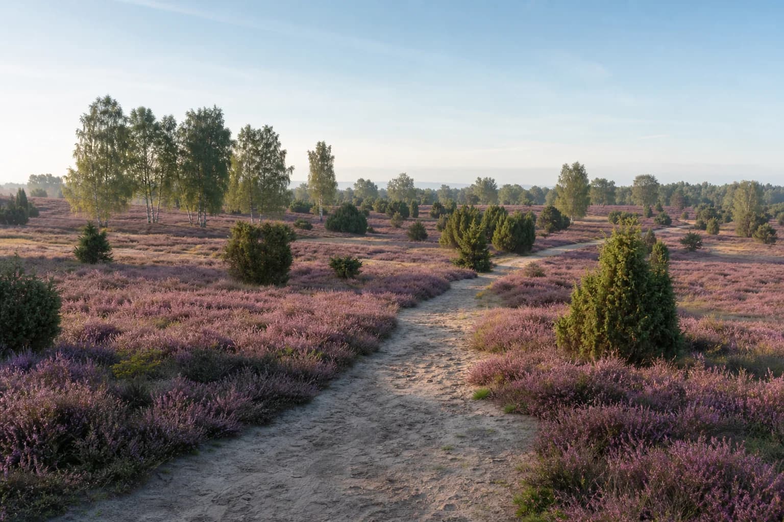 Blühende Heidelandschaft mit sandigem Wanderweg